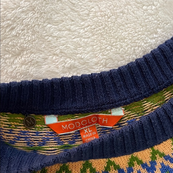 ModCloth Navy Sweater with Multicolor Pattern - Picture 2 of 4